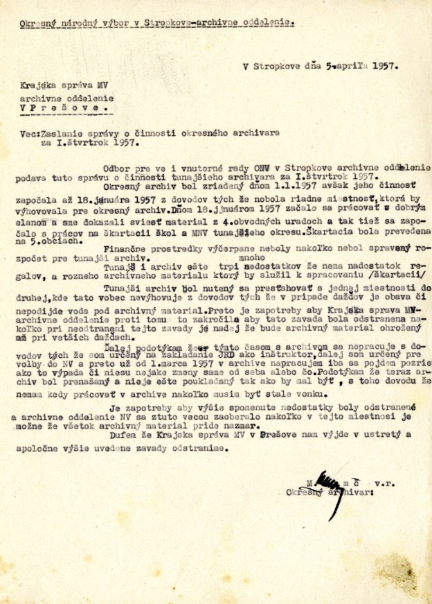 Správa o činnosti archívu v Stropkove z roku 1957